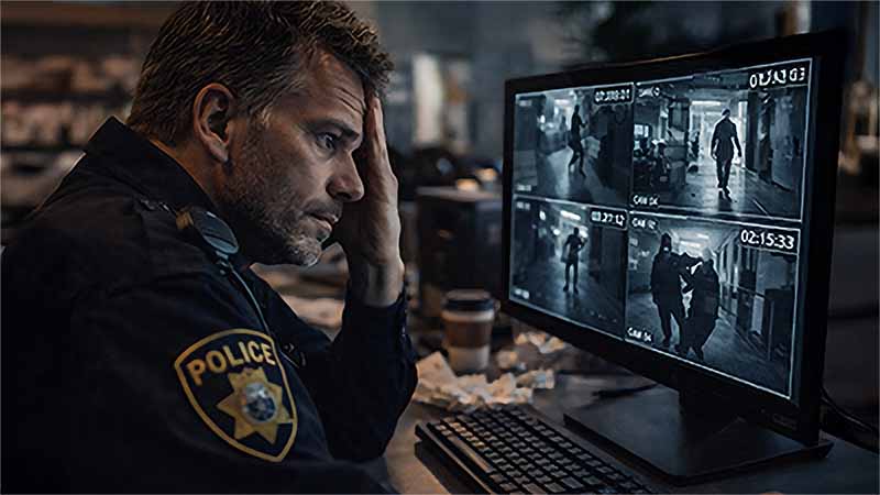 Polizist betrachtet Überwachungsvideos