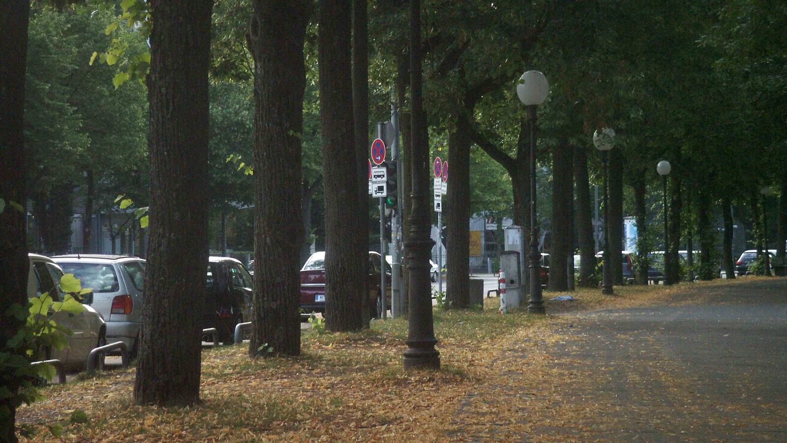 Räumlichkeit in 2 Dimensionen durch Objekte, die in die Tiefe immer kleiner werden,- hier Bäume oder Häuser