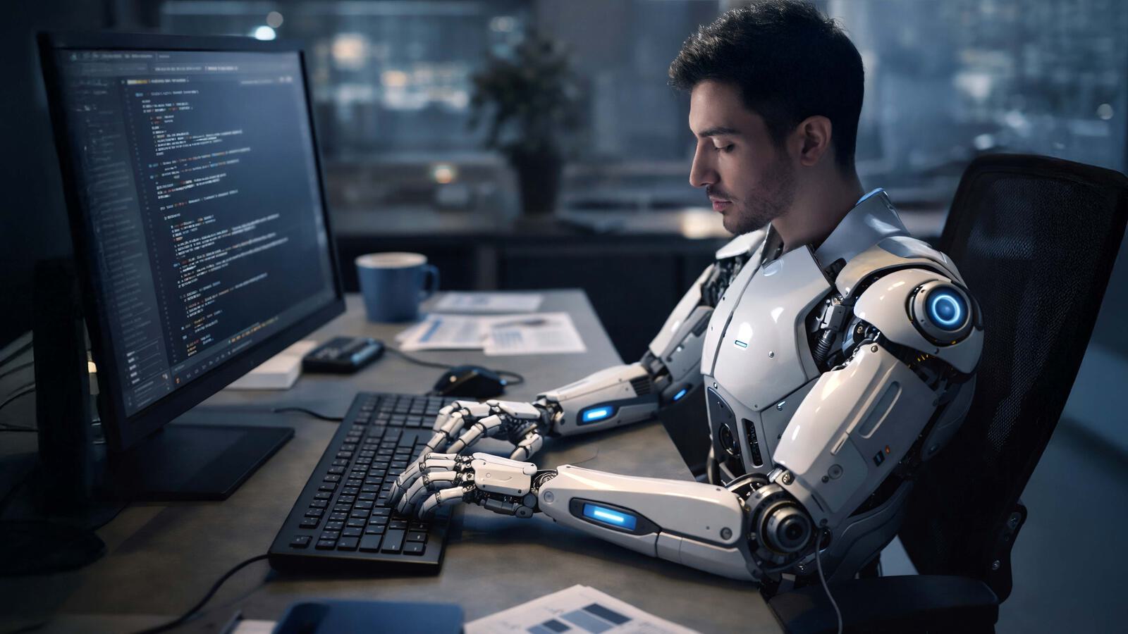 Roboter schreibt auf Tastatur